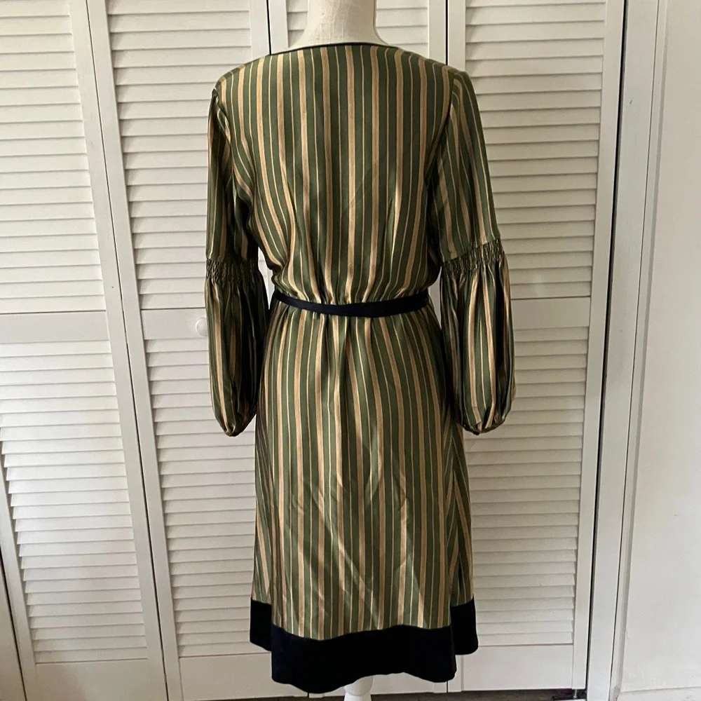 BCBGMaxAzria Olive‎ and Navy  Striped Wrap Midi Dress NWT
